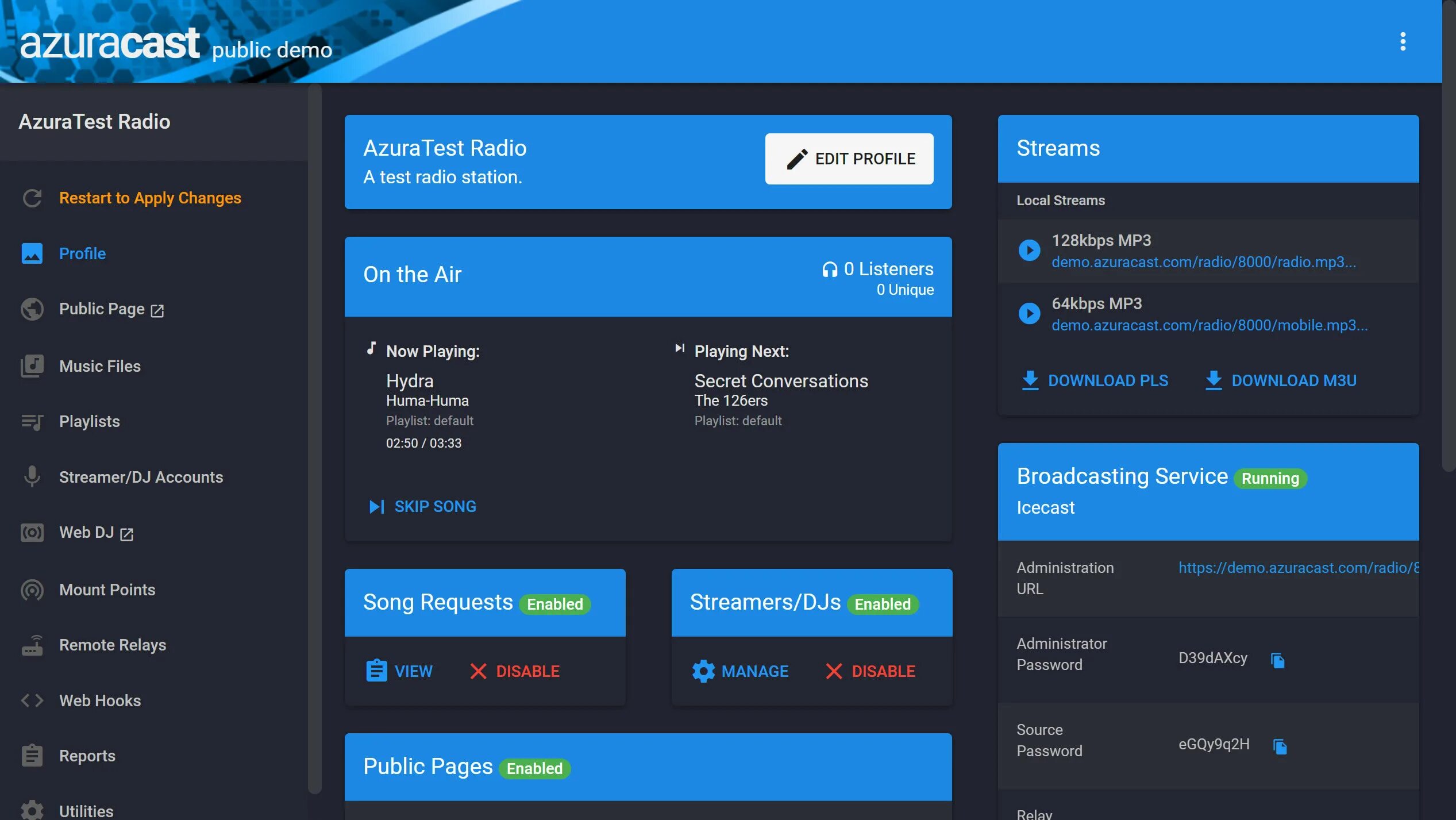 Restart to apply. AZURACAST. Radio Management Suite. Panel Radio Management c12848ea01. Raidxpert2 Management Suite.