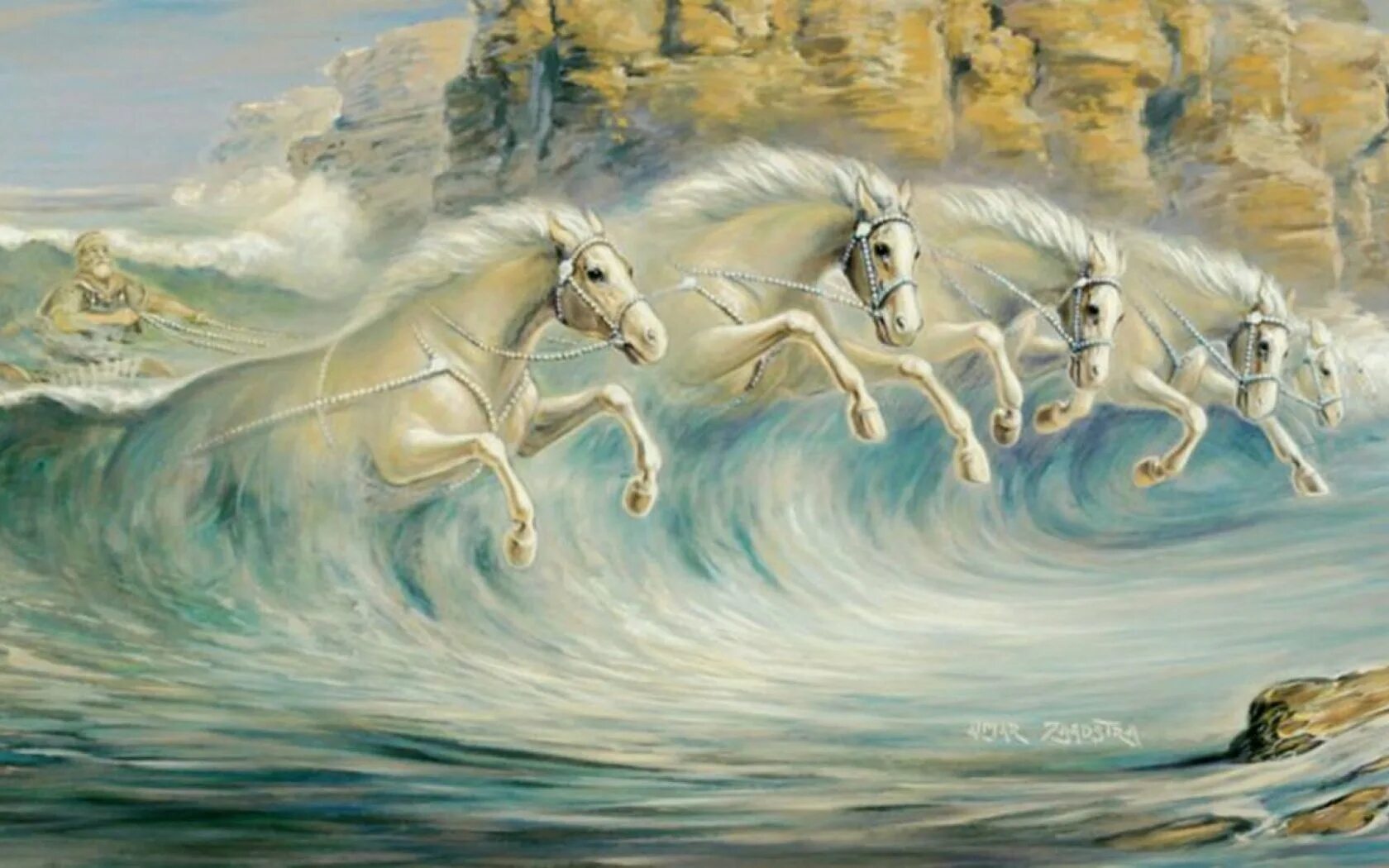 Чудесный витязь коня из реки. Крейн кони Нептуна. Лошадь из волны. Лошади и море.