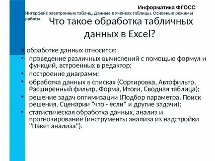 Основные режимы работы электронной таблицы