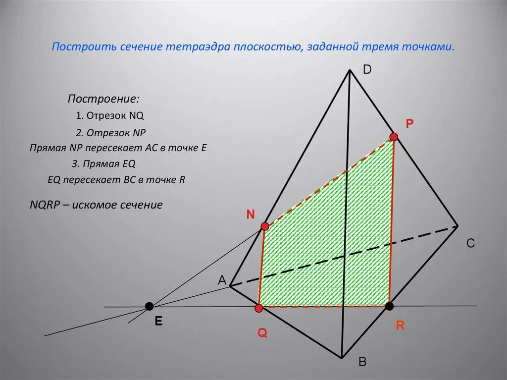 Построить плоскость через. Построить сечение тетраэдра плоскостью заданной тремя точками. Построение сечения тетраэдра по трем точкам. Алгоритм построения сечения тетраэдра. Сечение тетраэдра плоскостью по трем точкам.