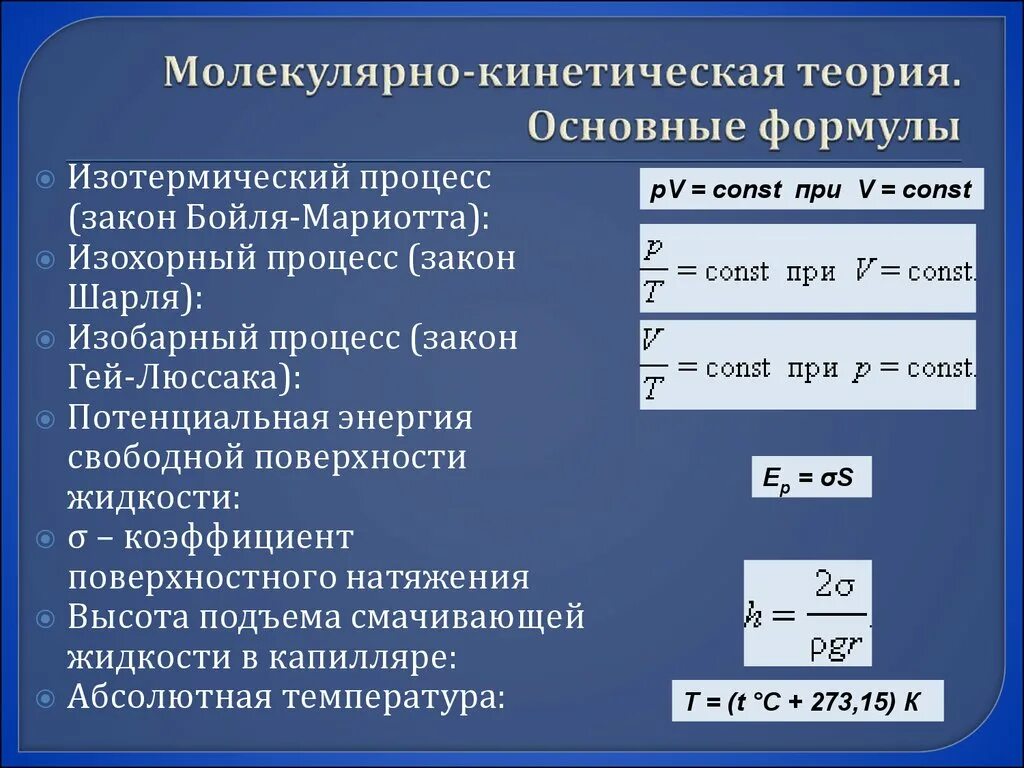 10 формул мкт. Основы молекулярно-кинетической теории формулы. Законы молекулярно кинетической теории. Молекулярнокенетическая теория. Основные формулы молекулярно кинетической теории.