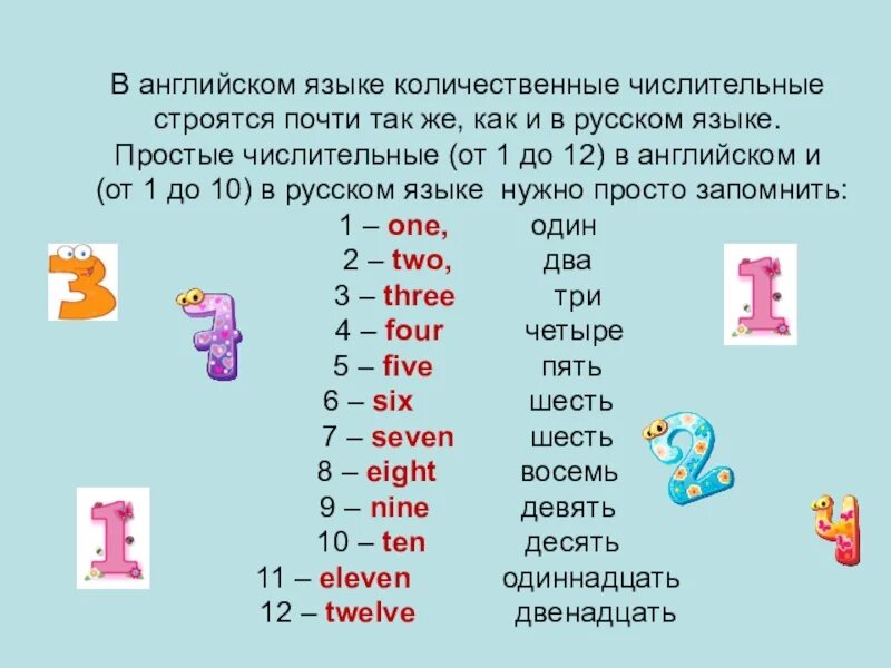 Простые числительные одиннадцать. Числительные 1-10 в английском языке. как пишутся английские цифры от 1 до 12. счёт на английском до 100 с транскрипцией на русском языке. числительные в английском языке 10-20.