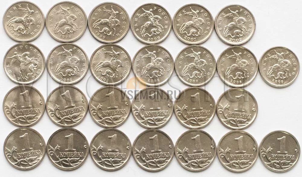 Полный набор 5. Современные монеты. Российские монеты в обороте. Набор монет России 1997. Новейшие монеты.