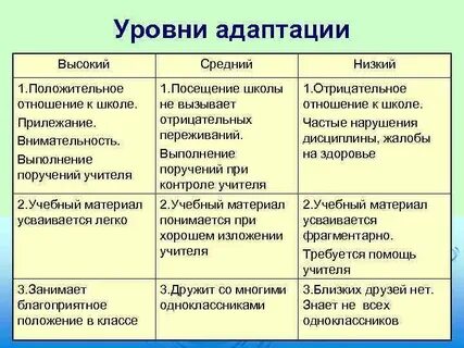 Уровни адаптации к школьному обучению