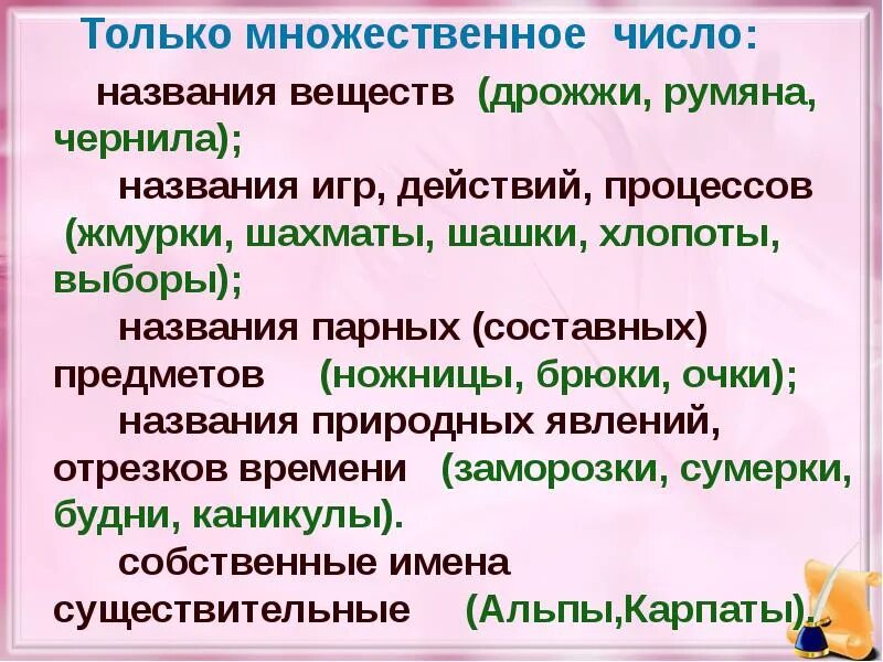 Чернила род существительного. Слова только во множествомчисле. Слова тобко мнлжественого сислп. Только множественное число. Слова тольмножественного счисла.