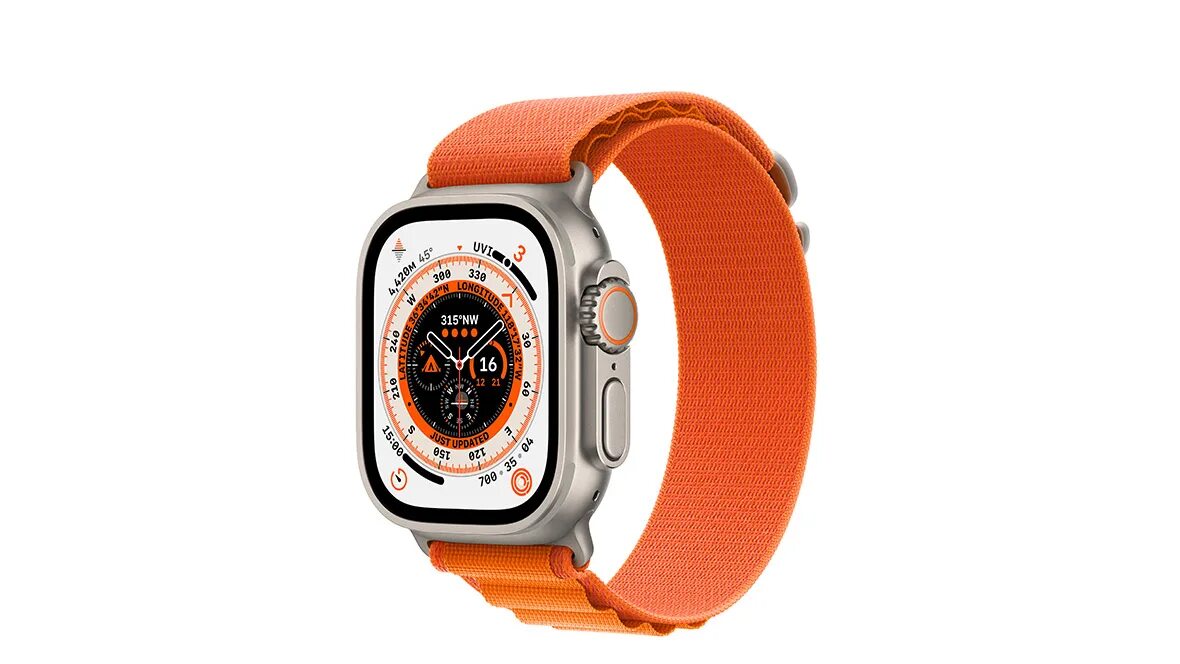 Apple watch Ultra GPS + Cellular 49mm. Apple watch 49mm Titanium. Apple watch Ultra Trail loop Blue/Gray. Orange Alpine loop.