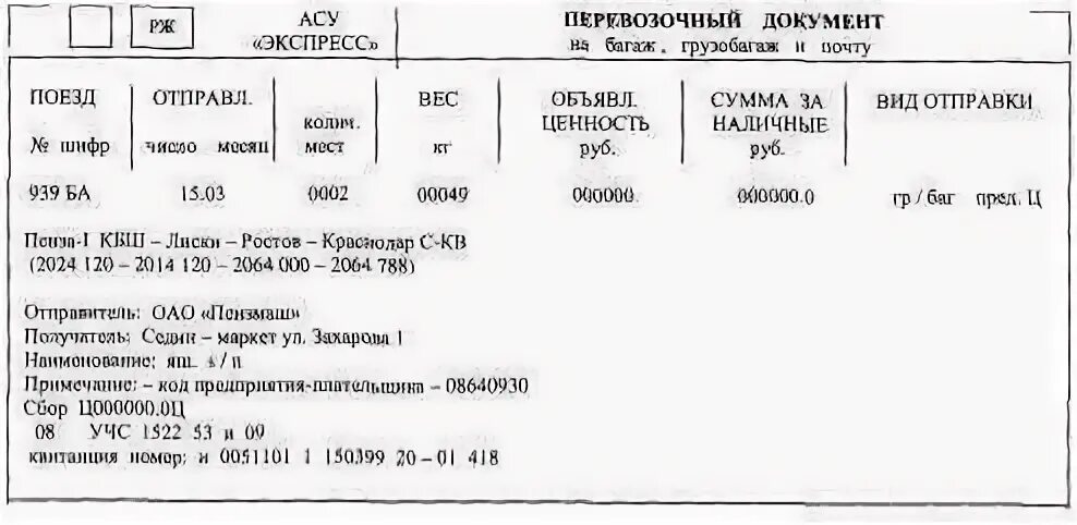 Перевозочный документ на багаж. Перевозочный документ на багаж