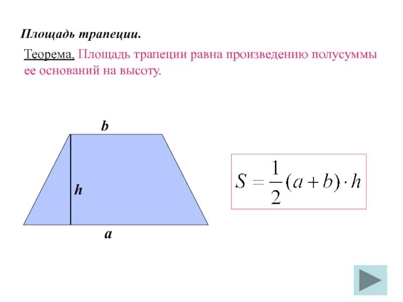 Площади четырехугольников формулы 8. Формула площади трапеции 8 класс геометрия. формула площади трапеции 8 класс. формула нахождения площади трапеции 8 класс геометрия. площадь трапеции 8 класс атанасян формула.