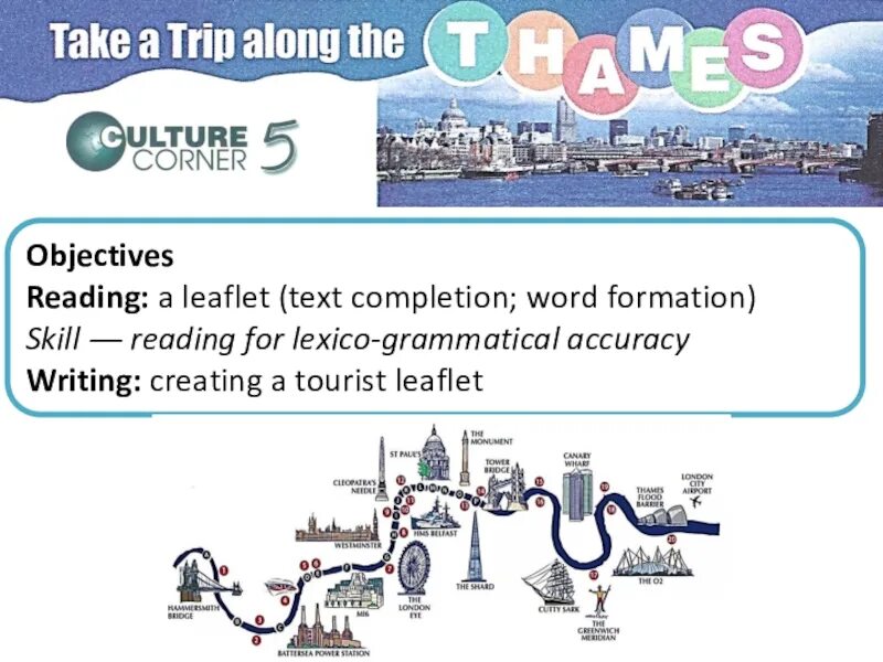 Презентация по англ Culture Corner. Culture Corner темы по английскому. Карта реки Темза с достопримечательностями. Trip along the Thames. Culture corner 10