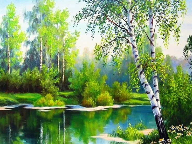 Открытка доброе утро лес. Березовая роща картина Елены Самарской. Пейзаж с березами. Пейзажи природы березы.