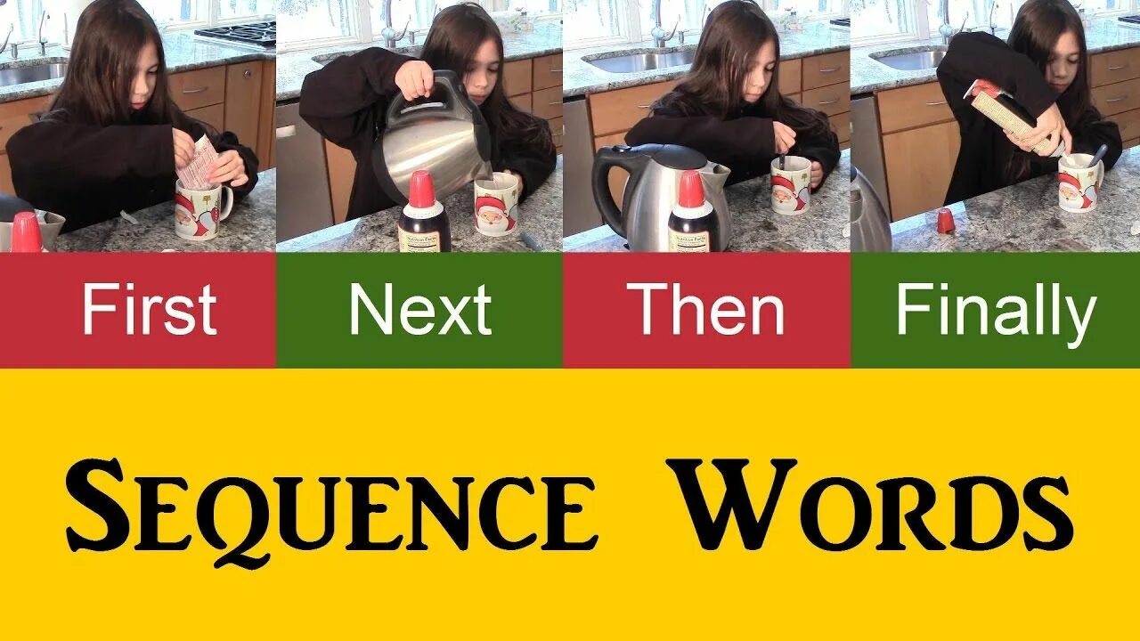 Next to one another. Sequencing words. first then next finally. sequence words. first next then after that.
