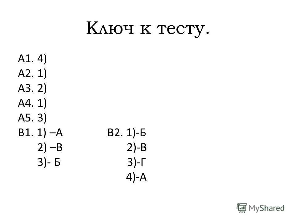 Ключ к тесту. 1-А 2-Б 3-В. 2б1. Тест на а4.