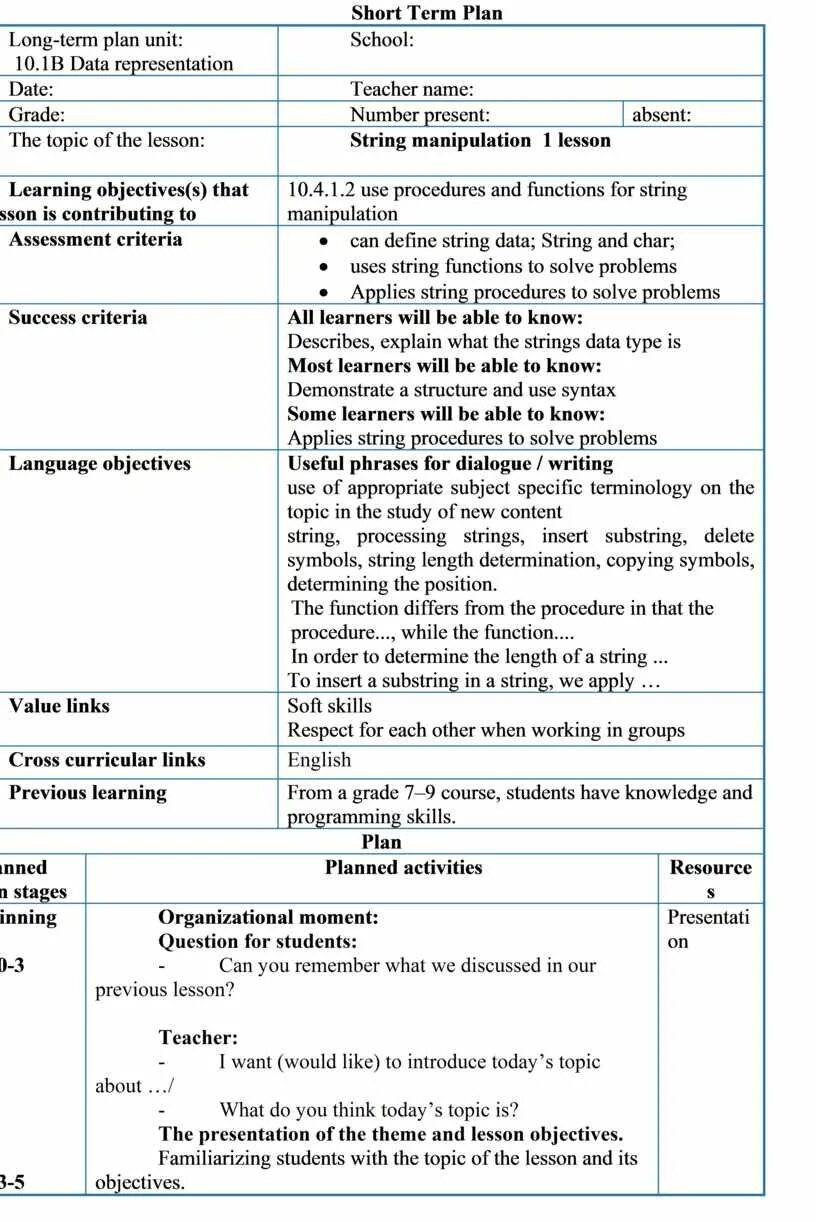 Procedure of the Lesson. Short term Plan. Revision Lesson Plan. Lesson Plan structure. Revision plan