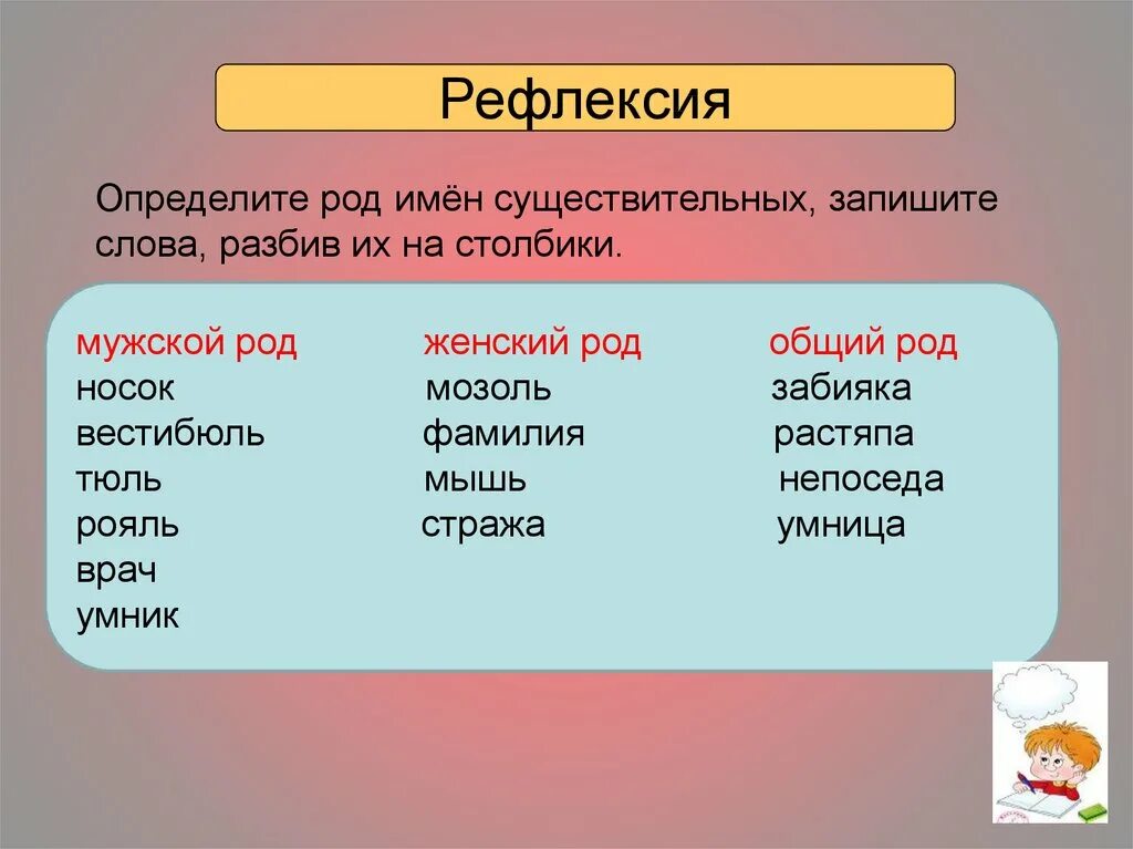 Читал какой род. Вестибюль род существительного. Рояль род существительного род. В роде пример. Зачеркни лишнее слово носок мозоль георгин помидор.