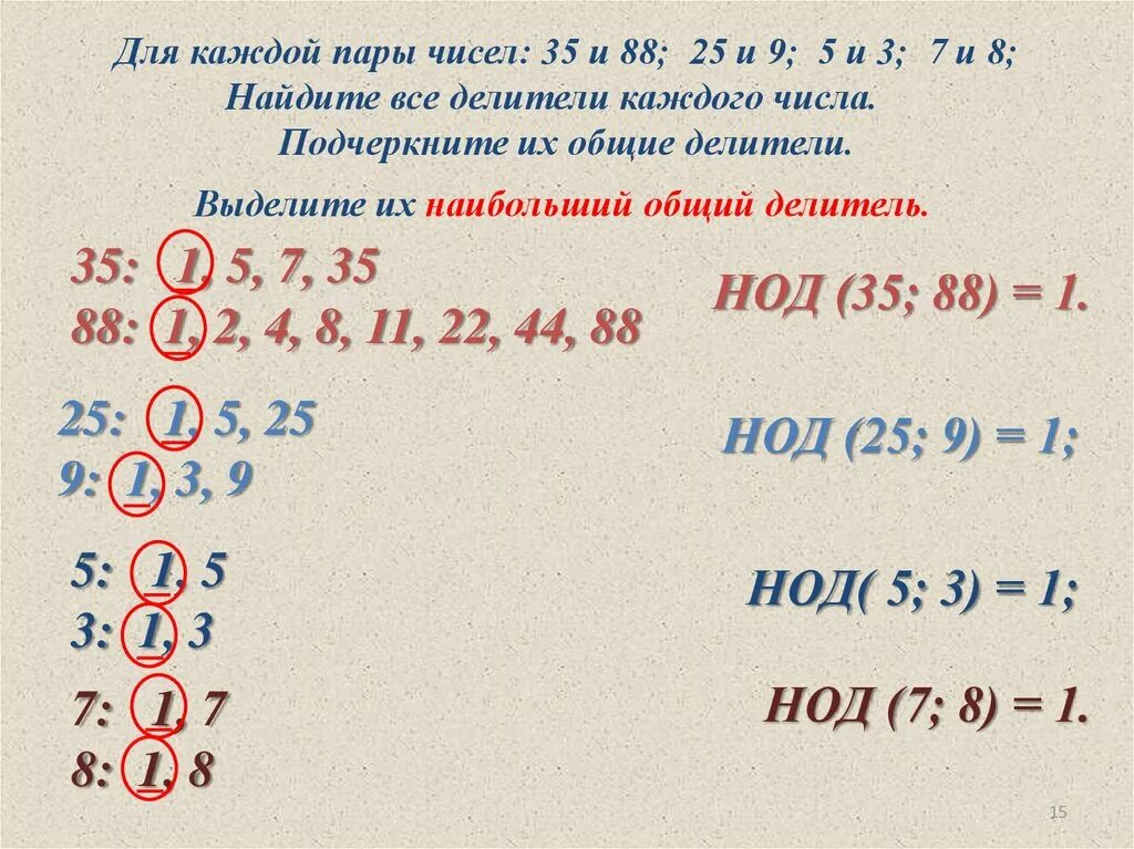 Наибольший общий делитель. НОД чисел. Числа у которых НОД 1. Числа у которых НОД равен 1.