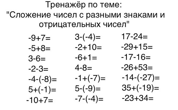 Сложение и вычитание отрицательных и положительных чисел. Сложение и вычитание отрицательных и положительных чисел примеры. Задания на сложение и вычитание целых чисел 6 класс. Сложение отрицательных чисел 6 класс задания. Умножение отрицательных чисел 6 класс тренажер