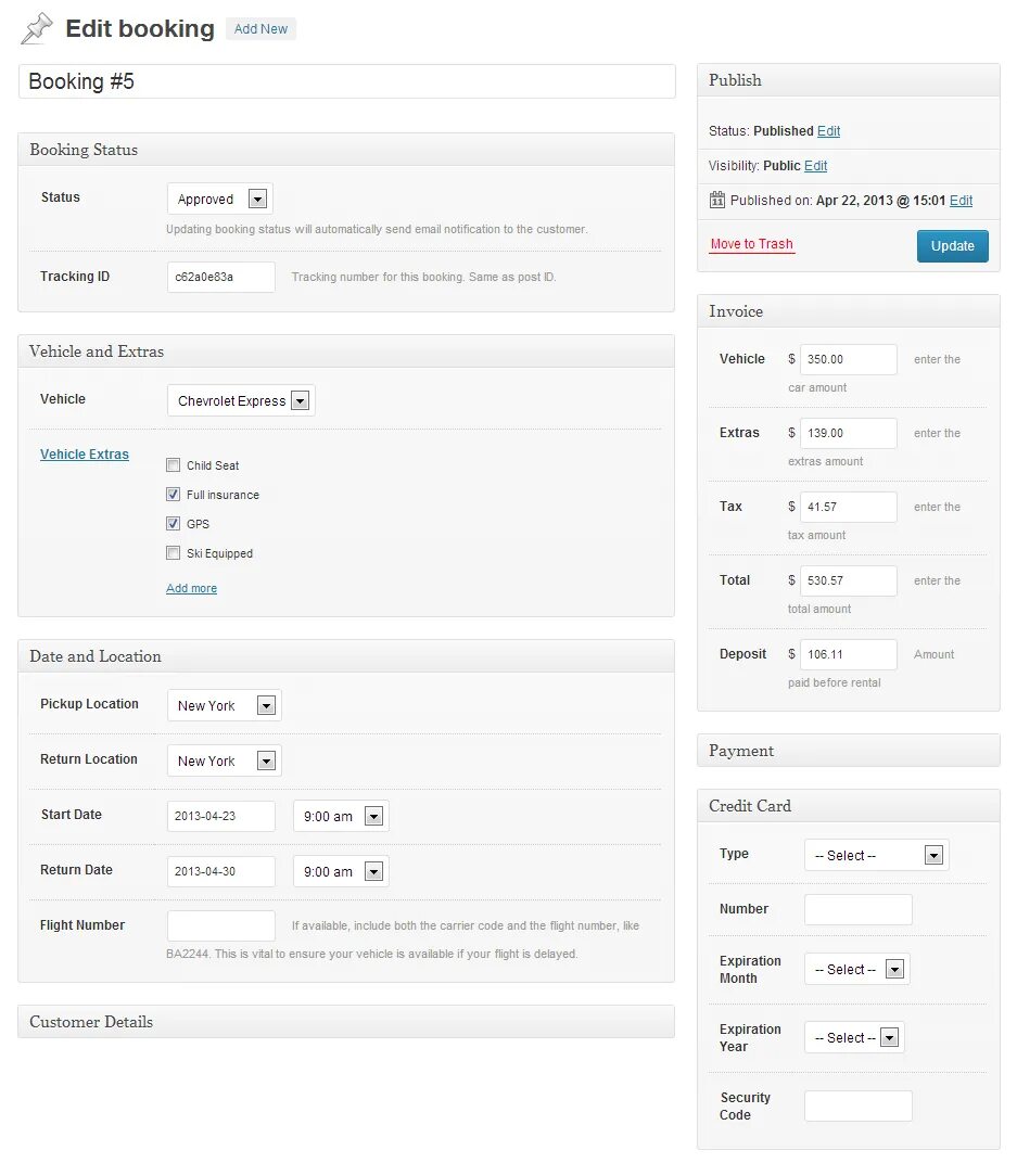 Booking details. Car Rental booking System for WORDPRESS.