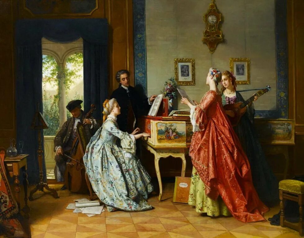 Первая половина вечера. Jean Carolus (1814-1897). Бельгийский художник Jean Carolus... Домашнее музицирование 18 век Россия.