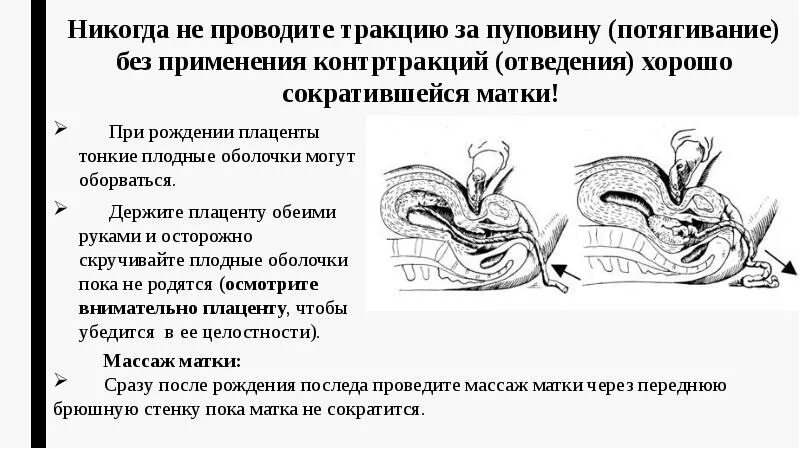 Массаж матки после родов. Контролируемые тракции за пуповину. Тракции акушерских щипцов.