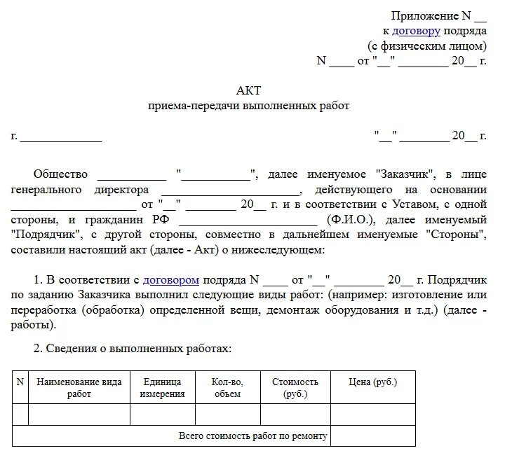 Акт сдачи приемки работ с физическим лицом. Акт приемки выполненных работ образец с физ.лицом. Акт с физ лицом на выполнение работ. Акт выполненных работ между физическими лицами на выполнение работ. Бланк акта в word