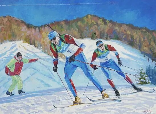 Картина лыжники. Лыжники живопись. Лыжи в живописи. Зимний спорт в живописи.