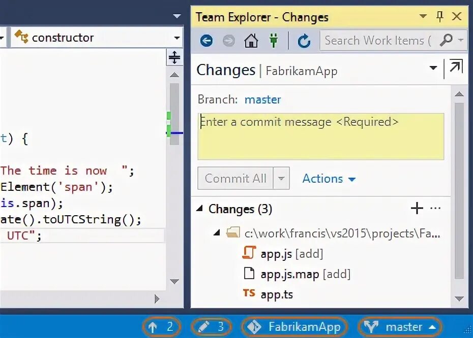 Visual studio локальный git. Строка состояния visual studio. team explorer.