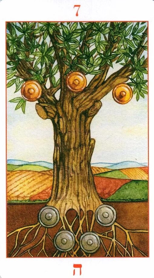 7 пентаклей таро иллюминатов. 7 пентаклей уэйт. 7 жезлов и 7 пентаклей сочетание. семерка денариев таро. языческое таро старшие арканы.