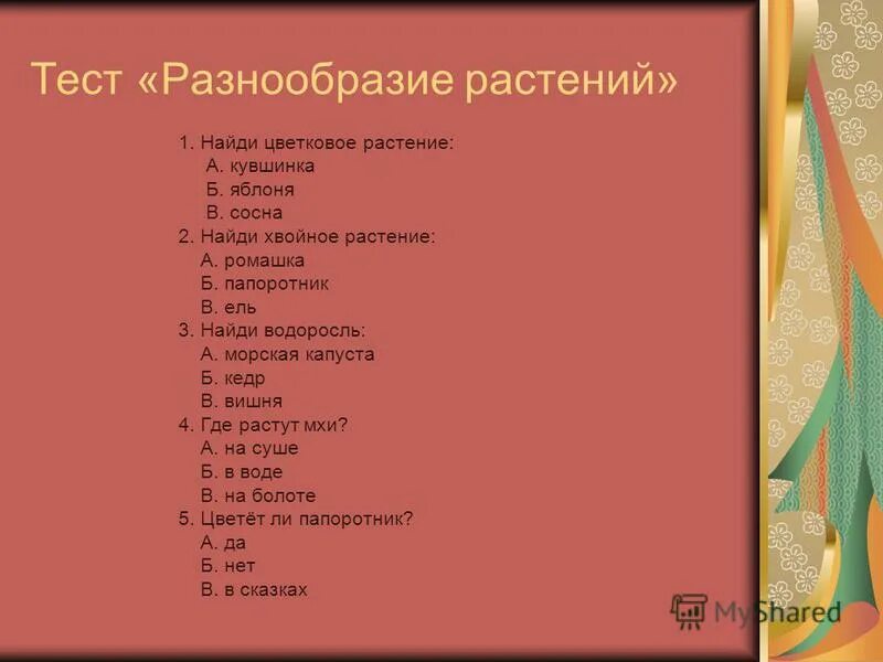 Тест по про 1. Тест по растениям. Тесты классы растений. Тест разнообразие растений. Тест на тему разнообразие растений..