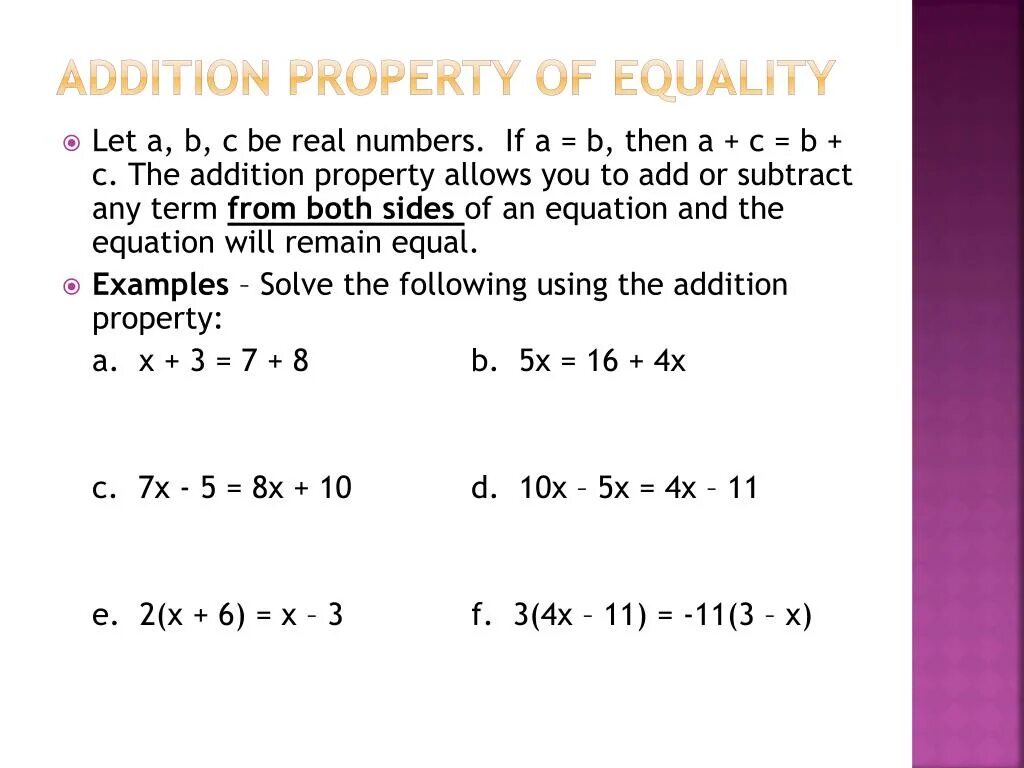 Properties of addition. Addition property of equality. Subtraction property of equality. Properties of addition and substraction.