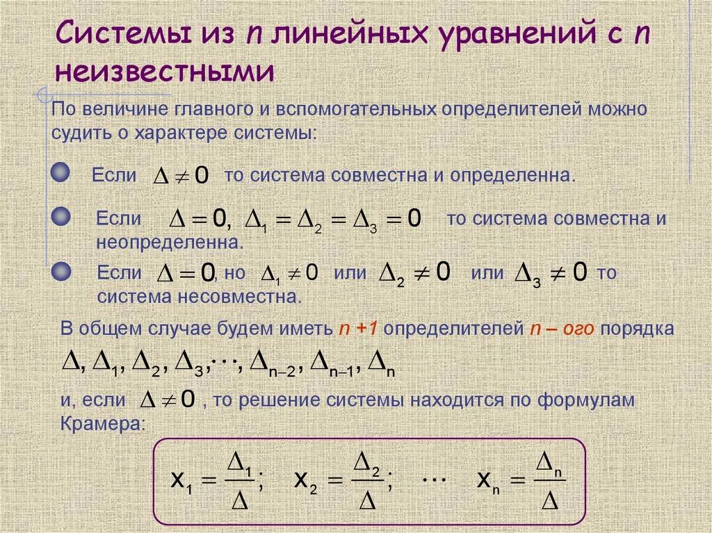 Какие системы являются линейными. Система линейных уравнений несовместна если. Классификация систем линейных уравнений. Определенная система линейных уравнений это. Система из n линейных уравнений с n неизвестными.