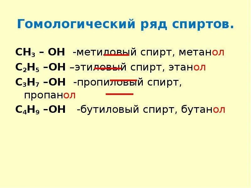 Гомологический ряд спиртов. Гомологический ряд этанола.