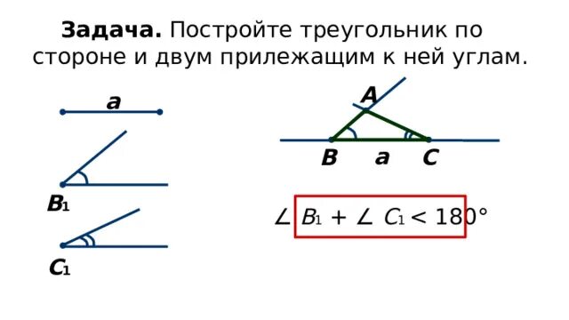 Построение треугольника по стороне и 2 углам. Построить треугольник по стороне и 2 прилежащим к ней углам. Задачи построить треугольник по стороне и 2 прилежащим к ней углам. Рисунок треугольника по стороне и двум прилежащим к ней углам. Построение треугольника по стороне и двум прилежащим к ней углам.
