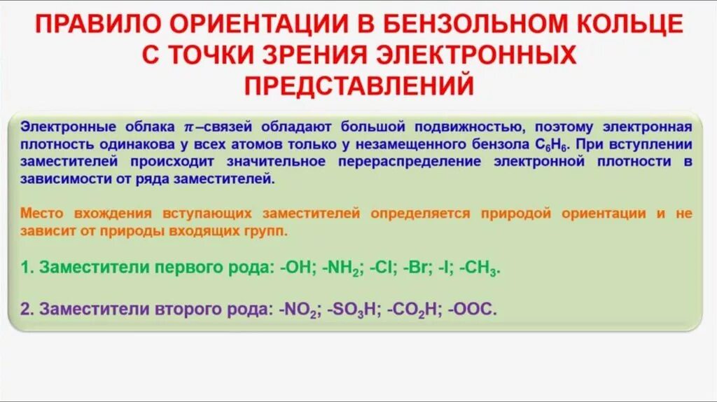 Заместитель первого рода в бензольном кольце. Правило ориентации в бензольном кольце. Ориентация в бензольном кольце. Ориентация заместителей в бензольном кольце.