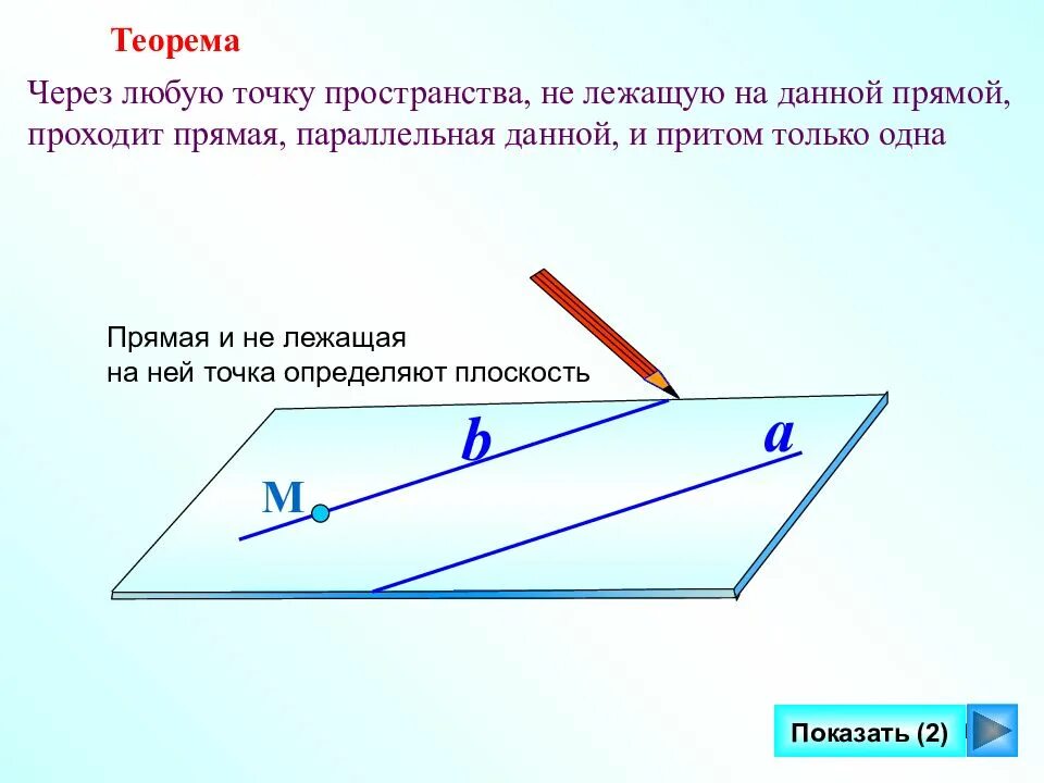 Докажите что через. Параллельность прямых в пространстве. Через точку вне данной прямой можно провести прямую. Теоремы о параллельных прямых на плоскости. Через любую точку пространства не лежащую на данной прямой.