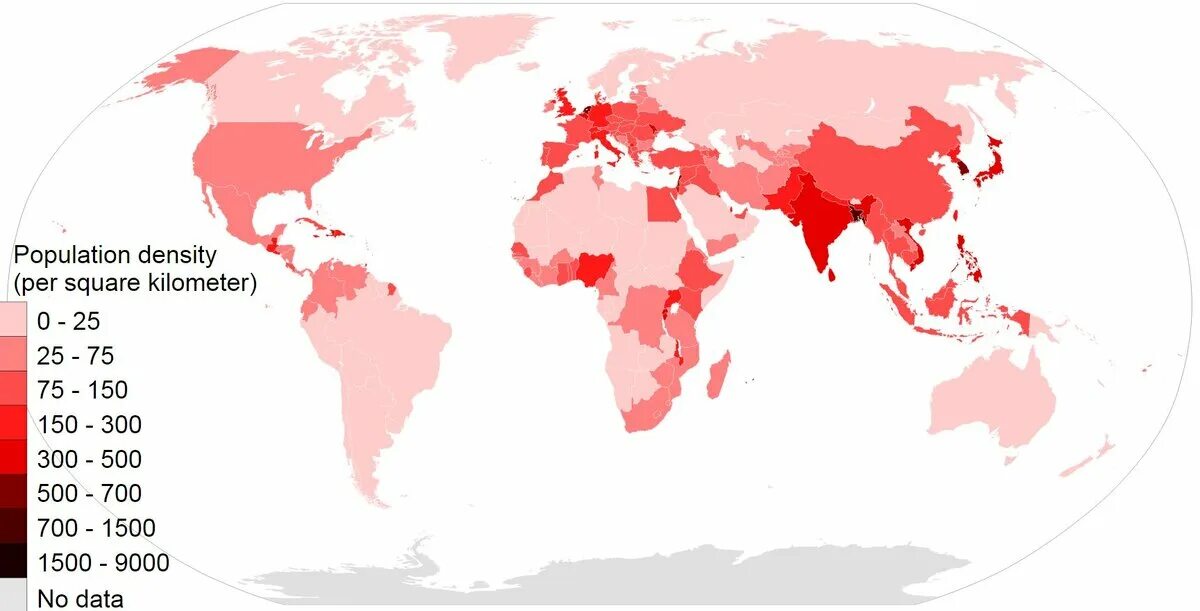 Карта плотности населения земли по странам. Страны с самой низкой плотностью