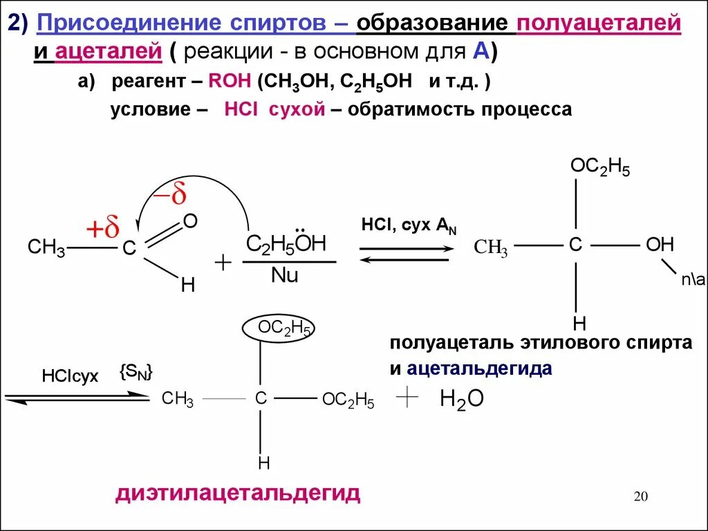 Присоединение спиртов к карбонильным соединениям. Присоединение спиртов с образованием полуацеталей. Присоединение Счириов. Реакция присоединения спиртов.