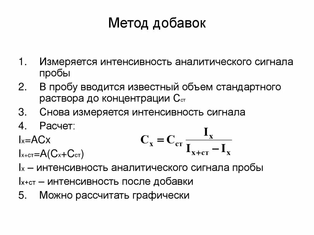 Формула для метода добавок. Метод стандартных добавок в аналитической химии. Метод стандартной добавки. Формула концентрации по методу добавок.