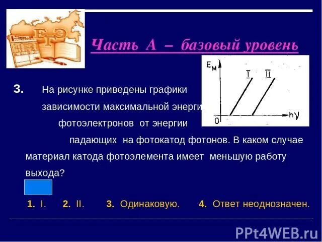 Работа выхода материала катода фотоэлемента. Энергия фотонов падающих на фотокатод. Графики зависимости запирающего напряжения от частоты света. Работа выхода фотоэлектронов зависит от:. Зависимость максимальной энергии фотоэлектронов от частоты