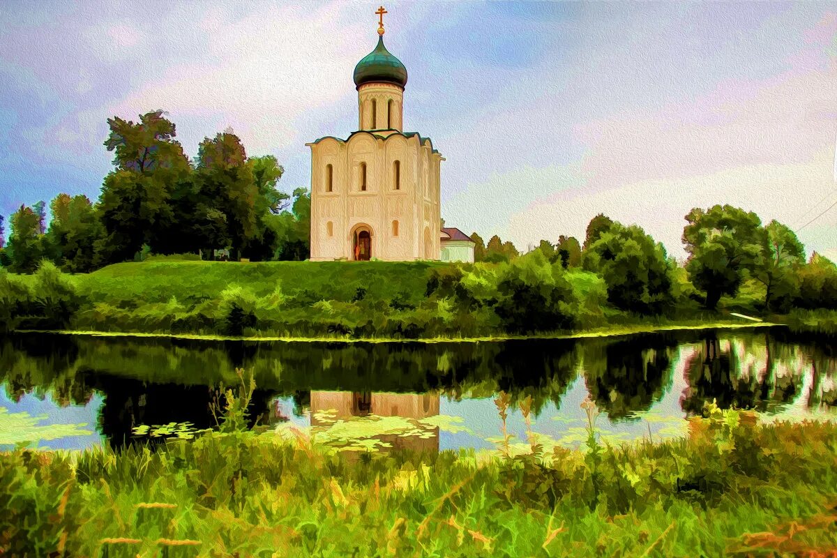 Картина церковь покрова. Баулин храм Покрова на Нерли. Церковь Покрова на Нерли Герасимов. Храм Покрова на Нерли Герасимов и Баулин. Церковь Покрова на Нерли картина Баулина.