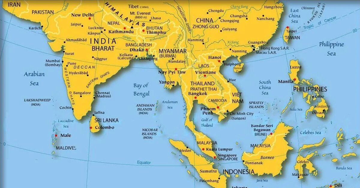 Юго восточная азия география. Юго-Восточная Азия на карте. Географическая карта Юго Восточной Азии.