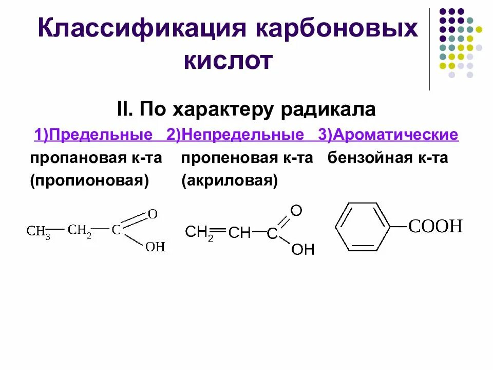 Классификация карбоновых кислот по радикалу. Классификация карбоновых кислот по природе углеводородного радикала. Классификация карбоновых кислот по строению радикала. Карбоновые кислоты предельные непредельные ароматические.