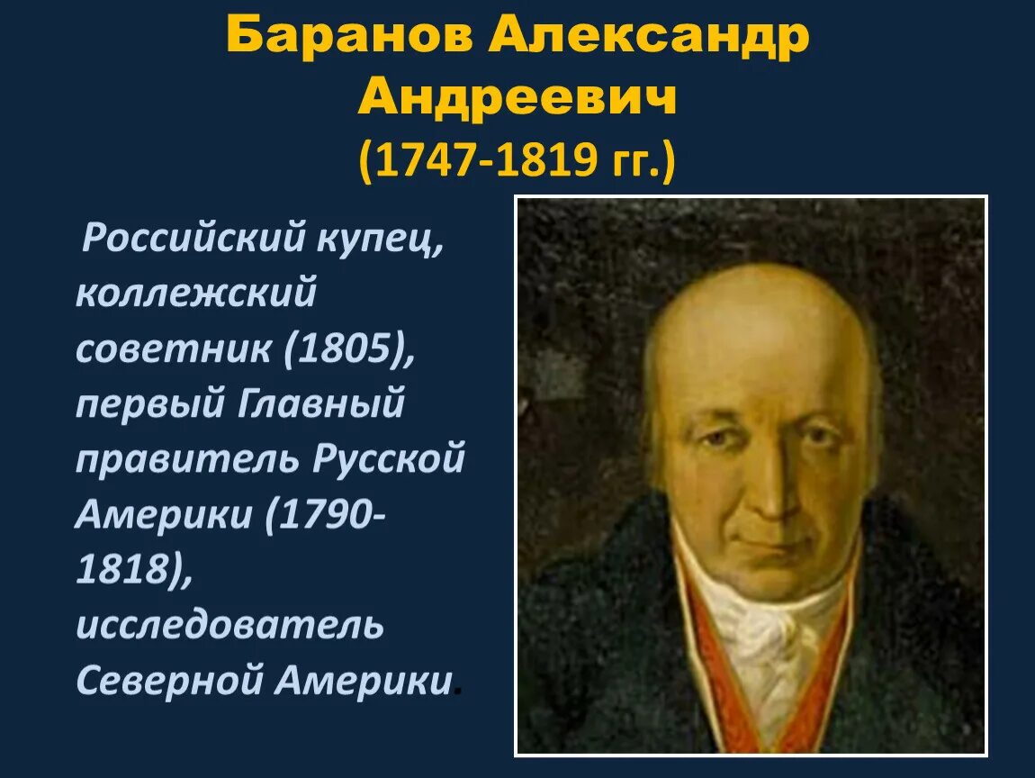 Барановым александром андреевичем. Баранов путешественник. Первый правитель русской Америки. Презентация Первооткрыватели.