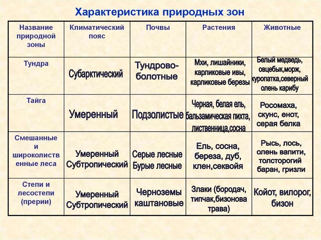 Таблица сравнение природных зон