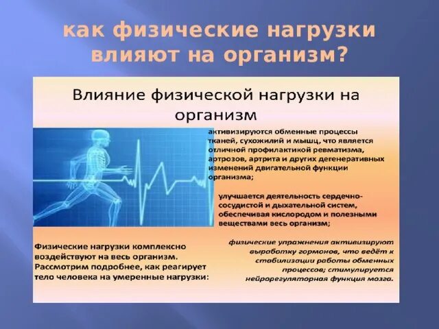 Действия человека обусловлены. Влияние физических нагрузок на организм. Влияние физ нагрузок на организм человека. Физическая нагрузка это воздействие на. Эффекты воздействия физической нагрузки.