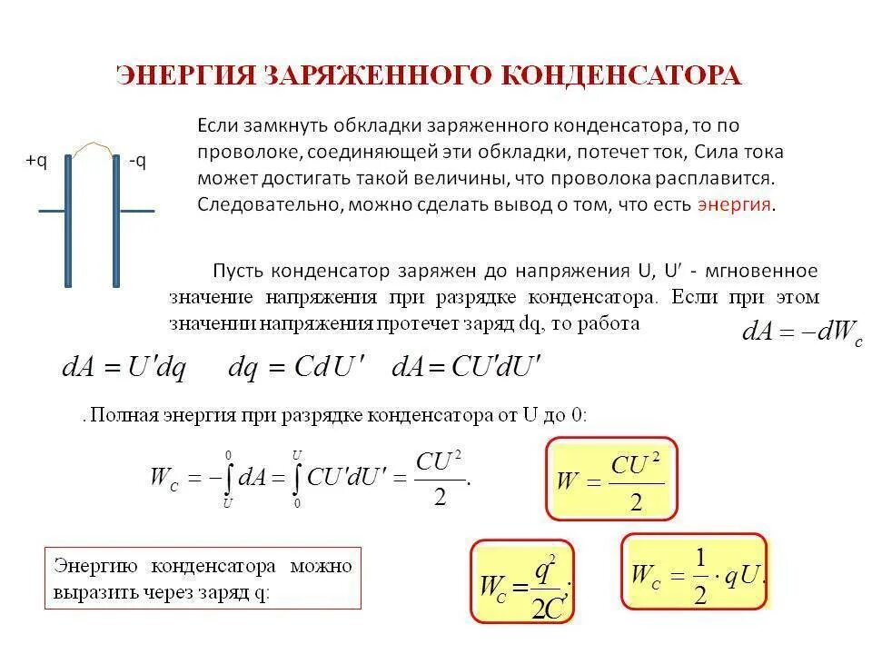 При сообщении конденсатору заряда 5 10. Энергия заряженного конденсатора формула. Как вычислить энергию конденсатора. Конденсатор энергии заряженных конденсаторов. Заряд на обкладках конденсатора формула.