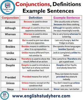 Conjunctions, Definitions and Example Sentences - English Study Here.