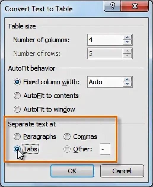 Convert table. Us table text. text separator clear window.