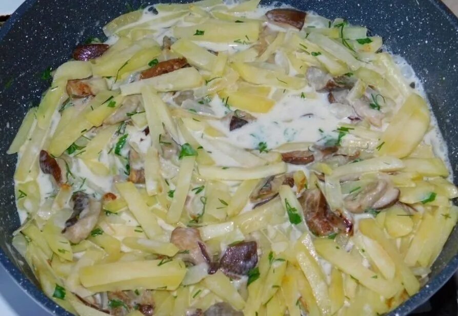 свинина с грибами в сливочном соусе. картошка со сметаной. картофель с шампиньонами в сметане. грибы с картошкой на сковороде со сливками. картошка с грибами.