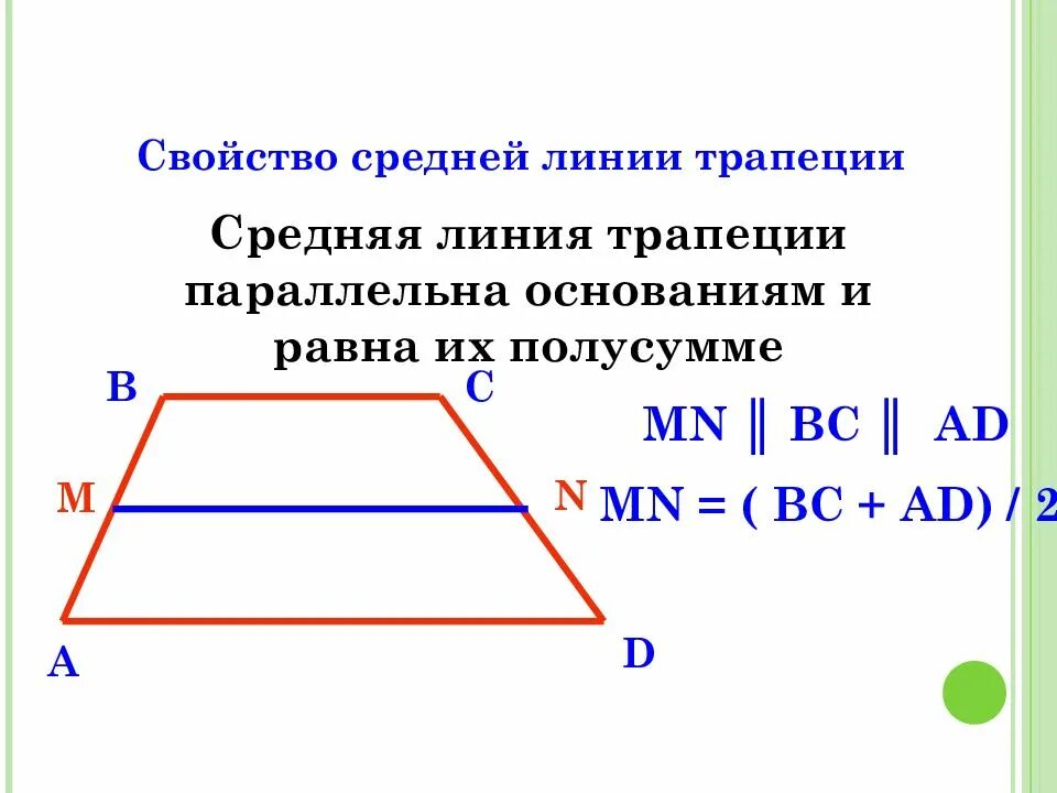 Средняя линия трапеции параллельна ее основаниям. Средняя линия трапеции 9 класс формула. Средняя линия трапеции 8 класс геометрия. Формула полусуммы оснований трапеции. Свойства средней линии трапеции.