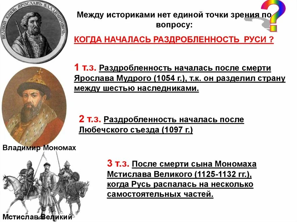 Раздробленность на Руси при Мономахе. Мнение историков о феодальной раздробленности. Точки зрения на раздробленность руси